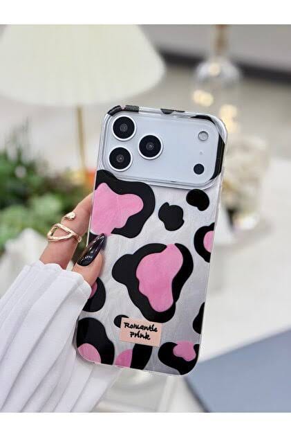 Zyntra™ Romantic Pink Cow Print Clear Case with Beaded Heart Charm Strap for iPhone