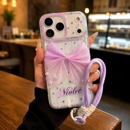 Zyntra™ Coquette 3D Tulle Bow Pearl Clear Case with Wrist Lanyard for iPhone