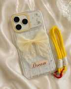Zyntra™ Coquette 3D Tulle Bow Pearl Clear Case with Wrist Lanyard for iPhone