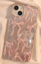 Zyntra™ Coquette Pink Bow Ribbon Pearl Case for iPhone - Aesthetic Soft Clear Cover