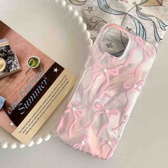 Zyntra™ Coquette Pink Bow Ribbon Pearl Case for iPhone - Aesthetic Soft Clear Cover