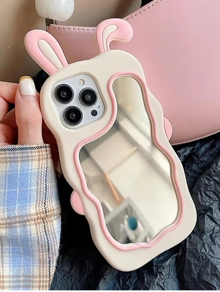 Zyntra™ Cute 3D Bunny Ear Wavy Makeup Mirror Silicone Case for iPhone