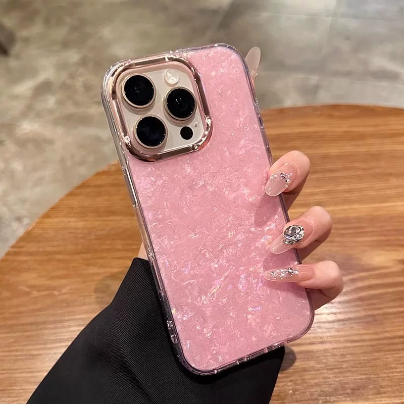 Zyntra™ Luxury Pearl Shell Texture Rhinestone Camera Ring Case for iPhone