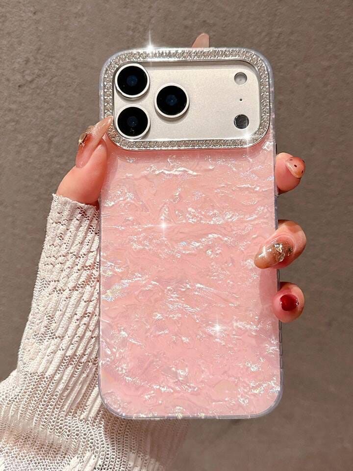 Zyntra™ Luxury Pearl Shell Texture Rhinestone Camera Ring Case for iPhone